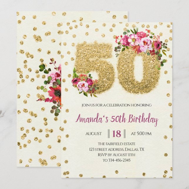 Blumen & Gold Glitzer 50. Geburtstag Einladung (Vorne/Hinten)