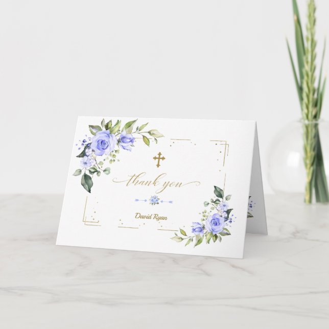 Blumen Gold Glitzer Cross Boy Taufe Dankeskarte (Vorderseite)
