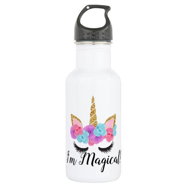 Blumen-Goldmagische Unicorn-Mädchen Edelstahlflasche (Vorderseite)