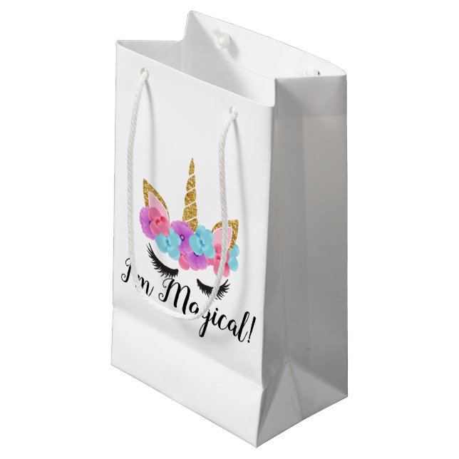 Blumen-Goldmagische Unicorn-Mädchen Kleine Geschenktüte (Vorderseite Schrägansicht)