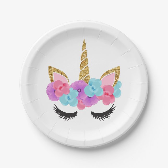 Blumen-Goldmagische Unicorn-Mädchen Pappteller (Vorderseite)