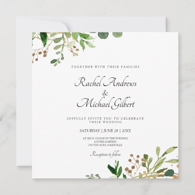 Blumen Grün Gold Einladung (Vorderseite)