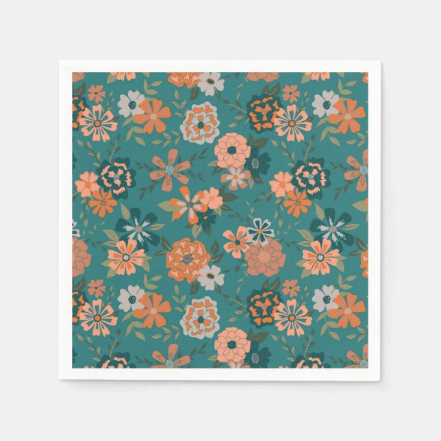 Blumen Grün Orange Botanisches Muster Serviette (Vorderseite)
