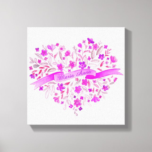 Blumen Herz rosa lila Name Aquarellkunst Leinwanddruck (Vorderseite)