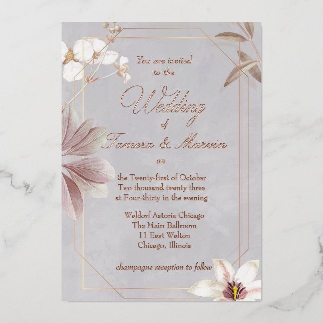 Blumen-Hochzeit in Echtfolie Folieneinladung (Vorderseite)
