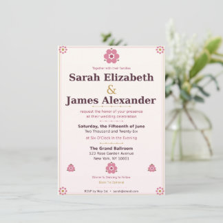Blumen-Hochzeitseinladungskarte — Rosa & Goldene R Einladung
