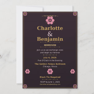 Blumen-Hochzeitseinladungskarte — Rosa & Goldene R Einladung