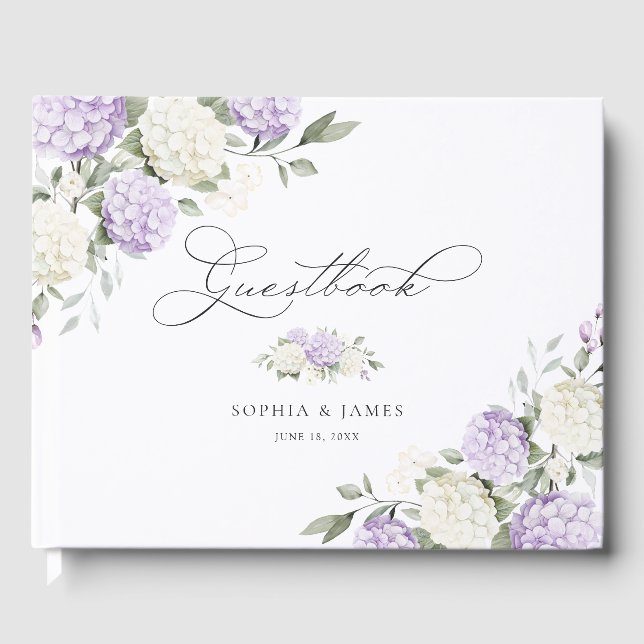 Blumen-Hydrangea-Hochzeit in Lila Gästebuch (Vorderseite)