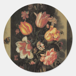 Blumen im Vasen, Vintage Barock Blumenstilleben Runder Aufkleber