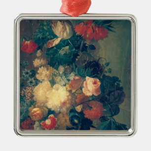 Blumen in einem Vase mit dem Nest eines Vogels Silbernes Ornament