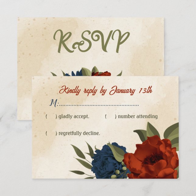 Blumen in Orange und Marineblau Hochzeit RSVP Karte (Vorne/Hinten)