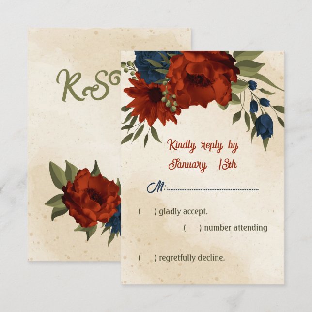 Blumen in Orange und Marineblau Hochzeit RSVP Karte (Vorne/Hinten)