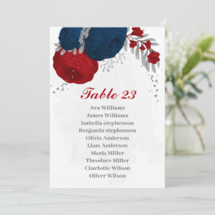 Blumen in Rot- und Marineblau, silberne Sitzkarte Einladung