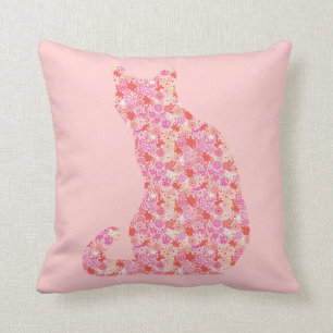 Blumen-Katze - korallenrotes Orange und rosa Kissen