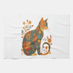 Blumen-Katzen-Silhouette � Farbige Vintage-Botanik Geschirrtuch