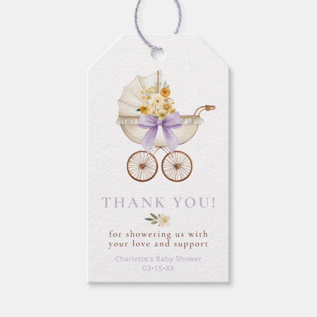 Blumen-Kutsche Lavendel Danke | Babyparty Geschenkanhänger (Vorderseite)