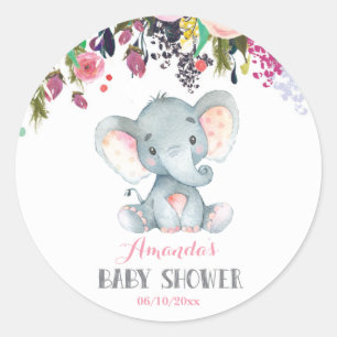 Blumen-Mädchen-Elefanten-Baby-Party Pink und Grau Runder Aufkleber