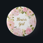 Blumen-Mädchen erröten rosa rundes mit Button<br><div class="desc">Der süße und girly Entwurf,  der Rosa kennzeichnet u. erröten AquarellblumenKranz</div>