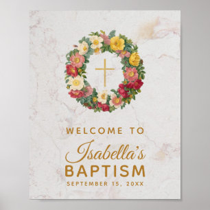 Blumen Mädchen Taufe Gold Kreuz Rosen Kranz Marmor Poster