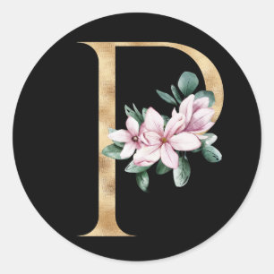 Blumen-Magnolie-Monogramm in Gold Buchstabe P Runder Aufkleber