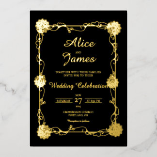 Blumen-Mandala Elegante Schwarze Goldfolie-Hochzei Folieneinladung