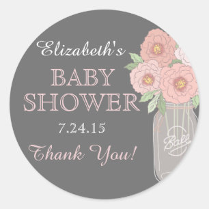 Blumen-Mason-Gray-Pink-Baby-Shower-Aufkleber Runder Aufkleber