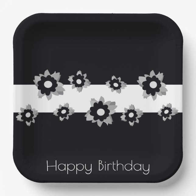 Blumen mit Schwarz und Weiß Pappteller (Vorderseite)