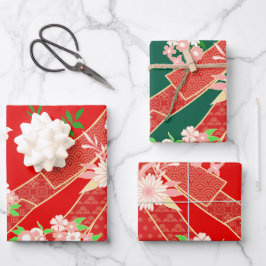 Blumen-Mix-Kimono-Muster Weihnachtsedition. Geschenkpapier Set