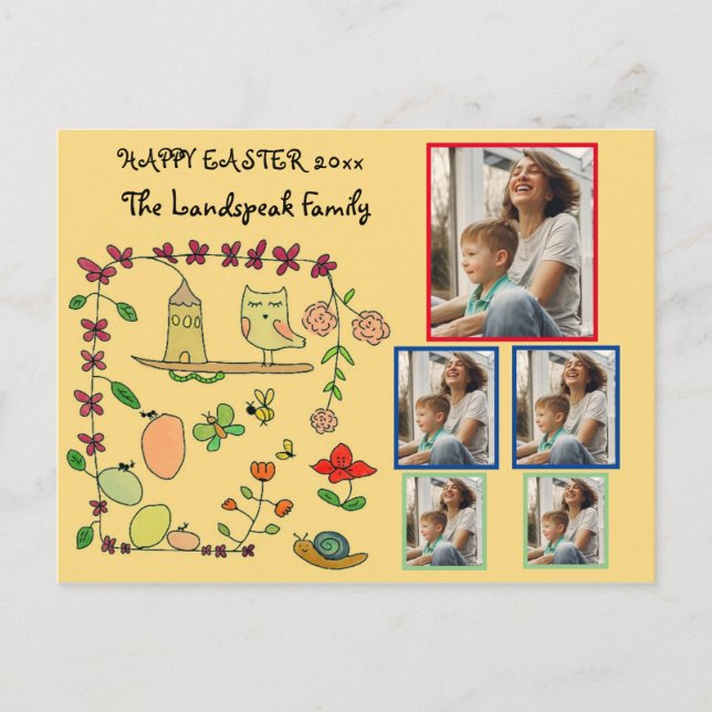 Blumen, Natur und Eule glückliche Osterfeier 5 Fot Postkarte (Vorderseite)