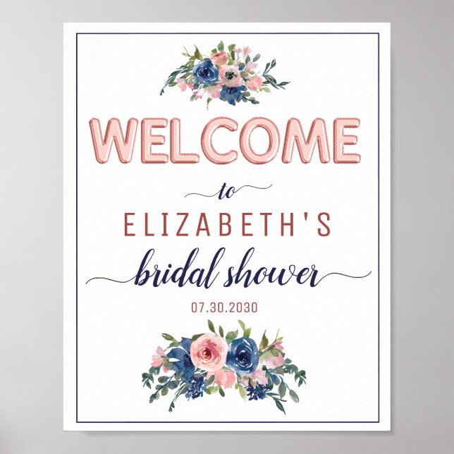 Blumen Navy Blush Rose Gold Brautparty Willkommen Poster (Vorne)