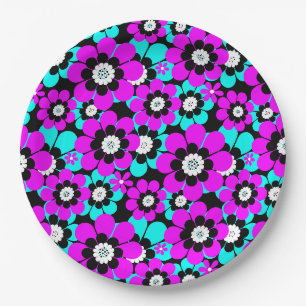 Blumen Neon-Muster Lila und Türkis Blumen Pappteller