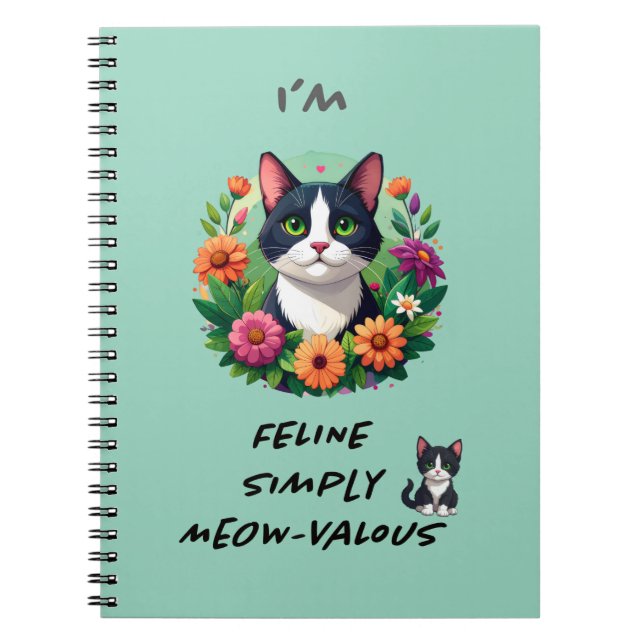 Blumen Notebook mit Katze im Tuxedo Notizblock (Vorderseite)