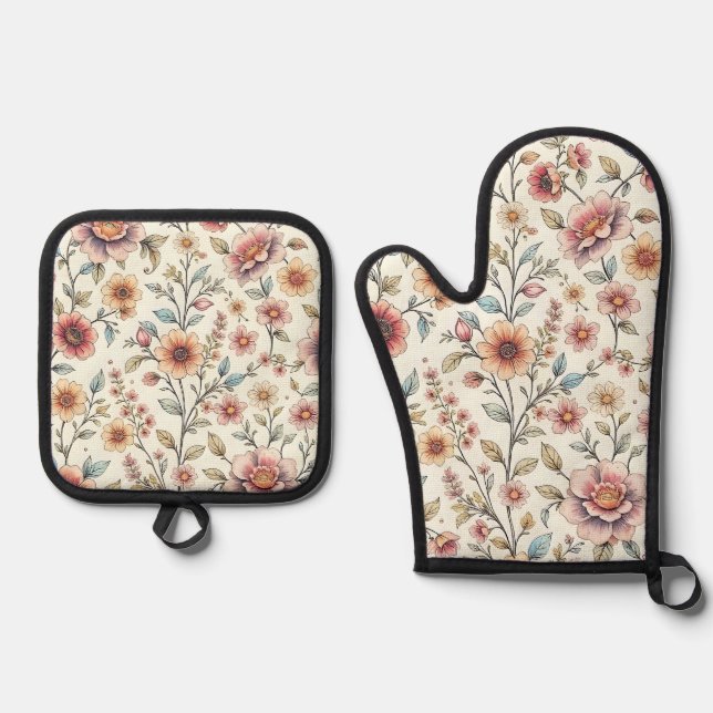 Blumen Ofenhandschuh & Topflappen-Set (Vorderseite)