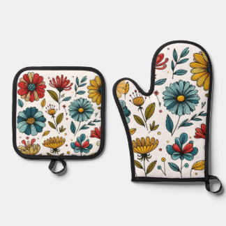 Blumen-Ofenhandschuh und Topflappen Set Retro-Folk