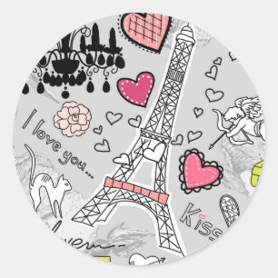 Blumen Paris Eiffelturm schwarz rosa und grau Runder Aufkleber