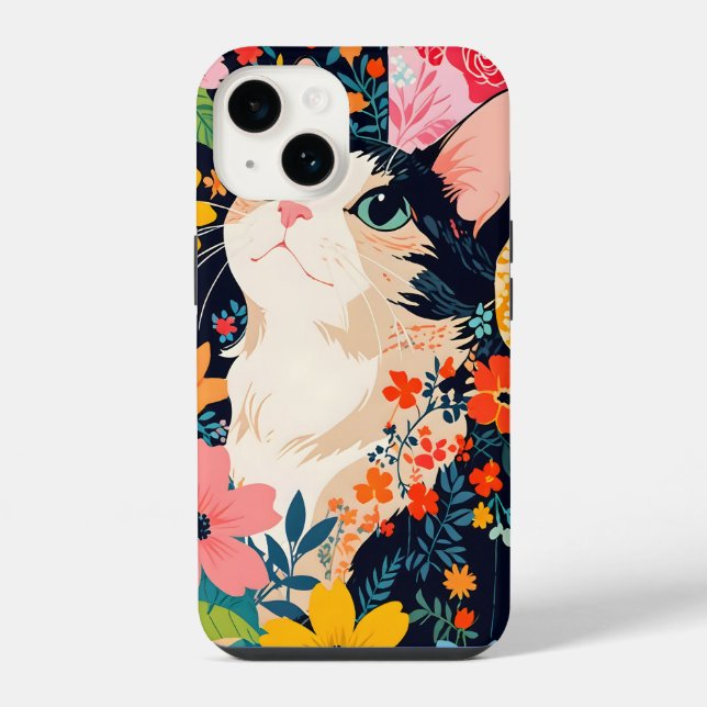 Blumen-Patchwork-Katze iPhone 14 Hülle (Rückseite)
