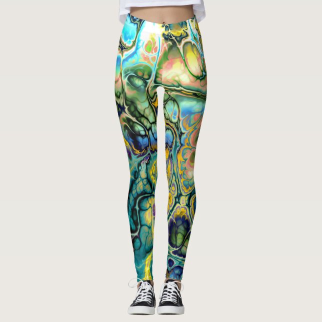 Blumen-Power FRAKTAL-BATIK aquamarine gelbe blaue Leggings (Vorderseite)