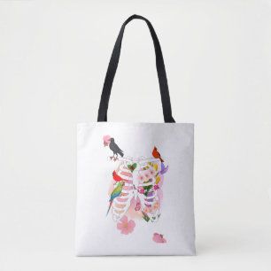 Blumen-Rippenkäfig und Vögel Surrealer Naturposter Tasche