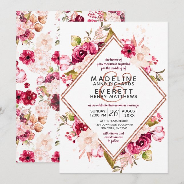 Blumen & Rose Gold Diamant Hochzeitseinladungen Einladung (Vorne/Hinten)