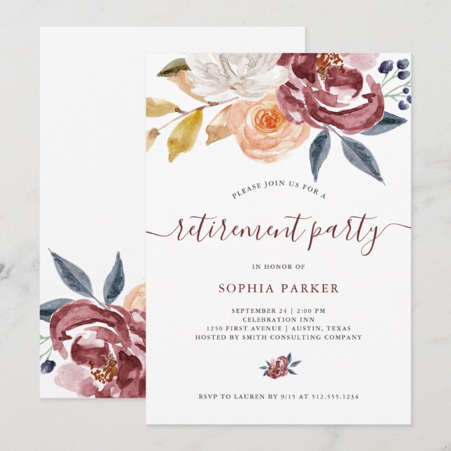 Blumen| Ruhestands-Party Burgunderwatercolor- Einladung (Vorne/Hinten)