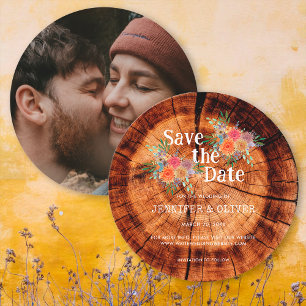 Blumen-Rustikale-Holz-Baumrinden-Hochzeitsfoto Save The Date