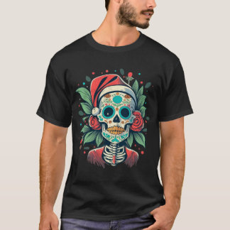 Blumen-Schädel-Santa mit Rosen, Day of the Dead-Ku T-Shirt