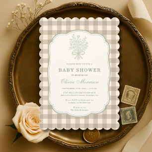 Blumen-Schleife Gingham Beige Elfenbein Babyparty Einladung
