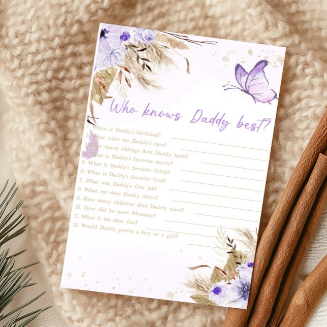 Blumen-Schmetterling-Dusche-Wer kennt Daddy am bes (Purple Butterfly Baby Shower Who Knows Daddy Best Game)