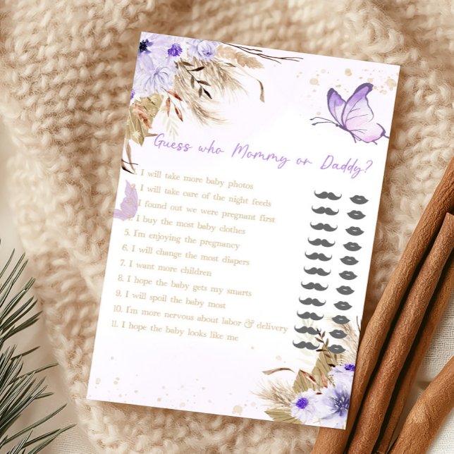 Blumen-Schmetterling-Ratespiel: Mami oder Papi (Purple Butterfly Baby Shower Guess Who Mommy or Daddy Game)
