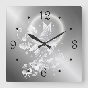Blumen-Schmetterling-Silber-Zahlen Quadratische Wanduhr