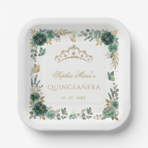 Blumen-Schmetterling Smaragd-Gold-Tiara-Quinceañer Pappteller