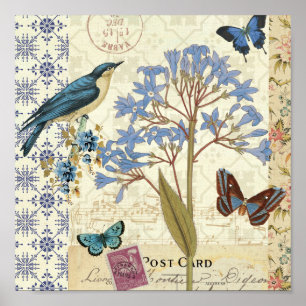Blumen, Schmetterlinge und Vogel-Collage Poster