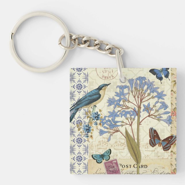 Blumen, Schmetterlinge und Vogel-Collage Schlüsselanhänger (Vorderseite)