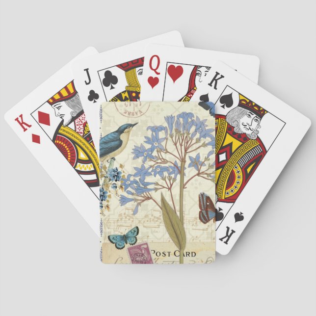 Blumen, Schmetterlinge und Vogel-Collage Spielkarten (Rückseite)
